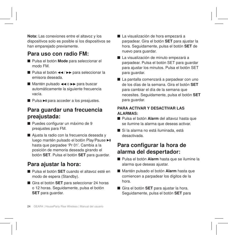 Para uso con radio fm, Para guardar una frecuencia preajustada, Para ajustar la hora | Para configurar la hora de alarma del despertador | GEAR4 HouseParty Rise Wireless User Manual | Page 26 / 71