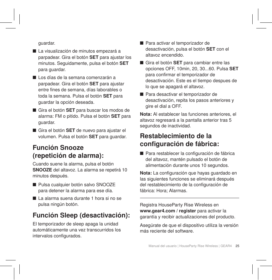 Función snooze (repetición de alarma), Función sleep (desactivación), Restablecimiento de la configuración de fábrica | GEAR4 HouseParty Rise Wireless User Manual | Page 27 / 71