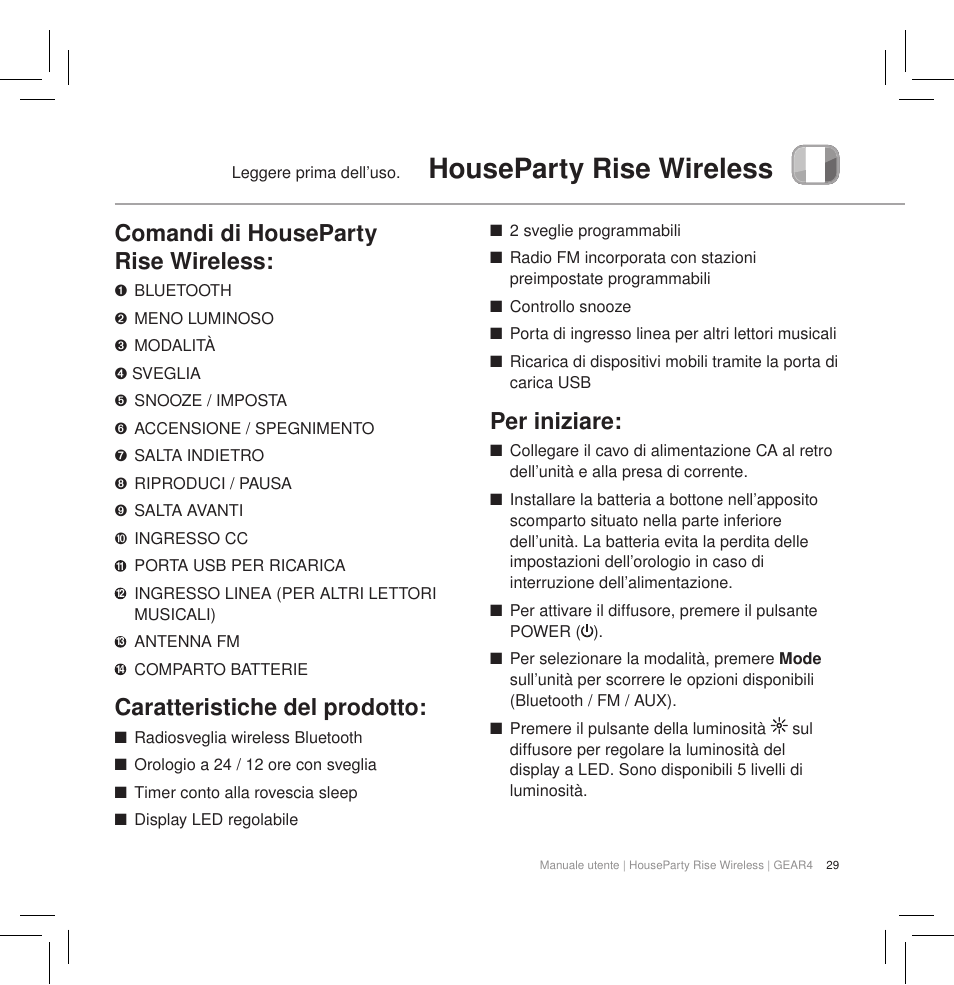 Houseparty rise wireless, Comandi di houseparty rise wireless, Caratteristiche del prodotto | Per iniziare | GEAR4 HouseParty Rise Wireless User Manual | Page 31 / 71