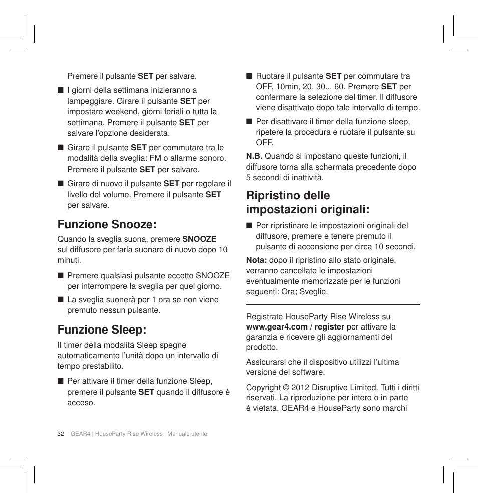 Funzione snooze, Funzione sleep, Ripristino delle impostazioni originali | GEAR4 HouseParty Rise Wireless User Manual | Page 34 / 71