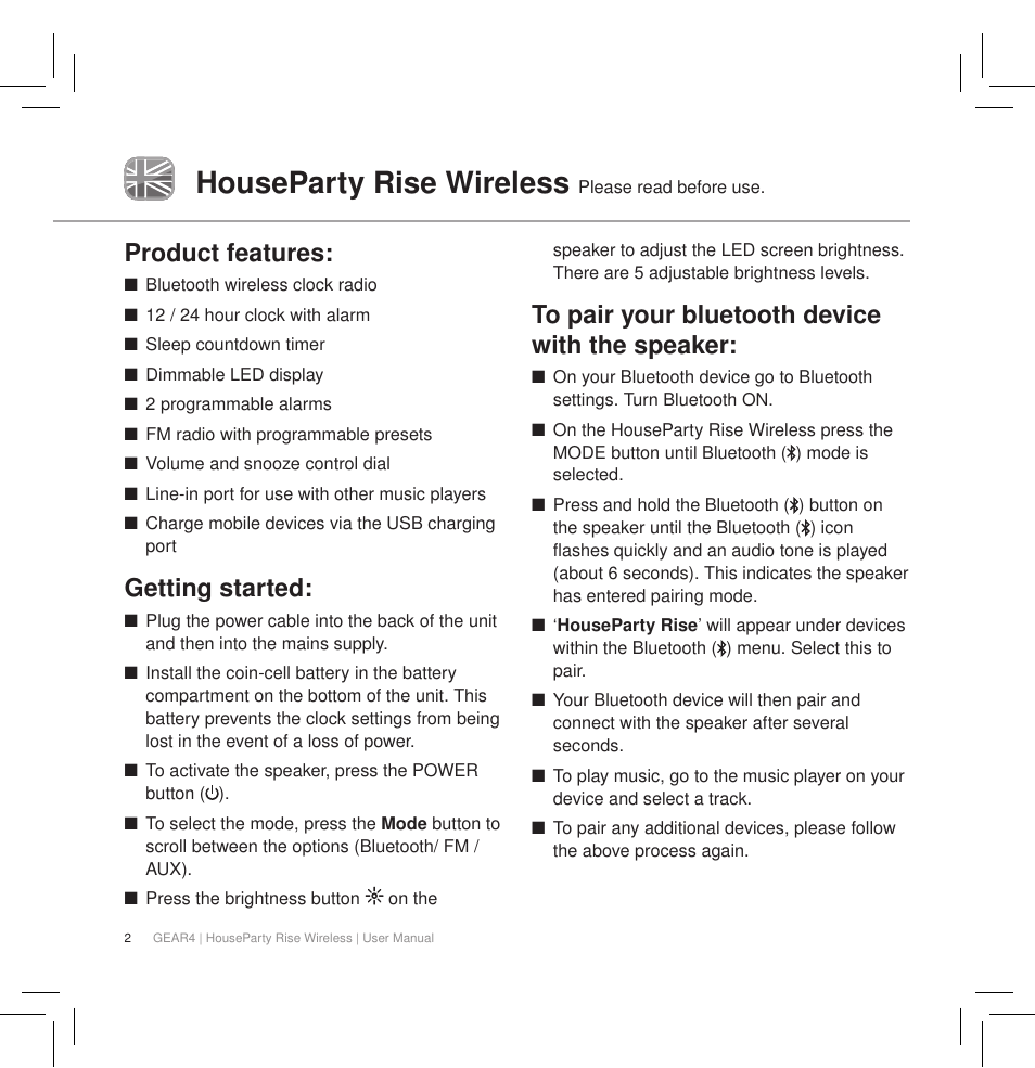 Houseparty rise wireless, Product features, Getting started | GEAR4 HouseParty Rise Wireless User Manual | Page 4 / 71
