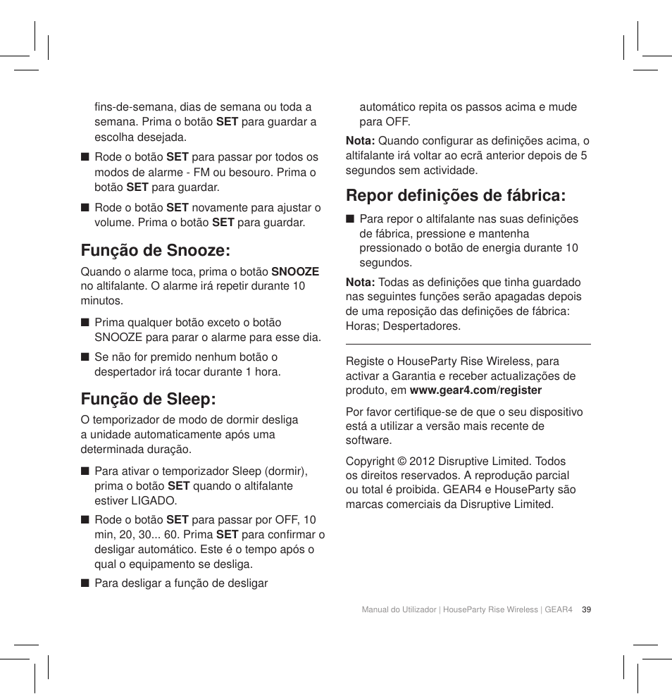 Função de snooze, Função de sleep, Repor definições de fábrica | GEAR4 HouseParty Rise Wireless User Manual | Page 41 / 71