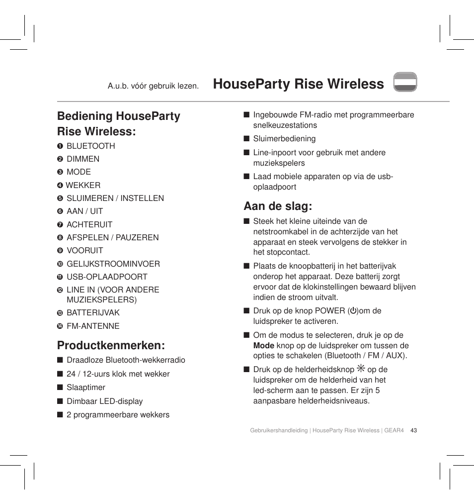 Houseparty rise wireless, Bediening houseparty rise wireless, Productkenmerken | Aan de slag | GEAR4 HouseParty Rise Wireless User Manual | Page 45 / 71