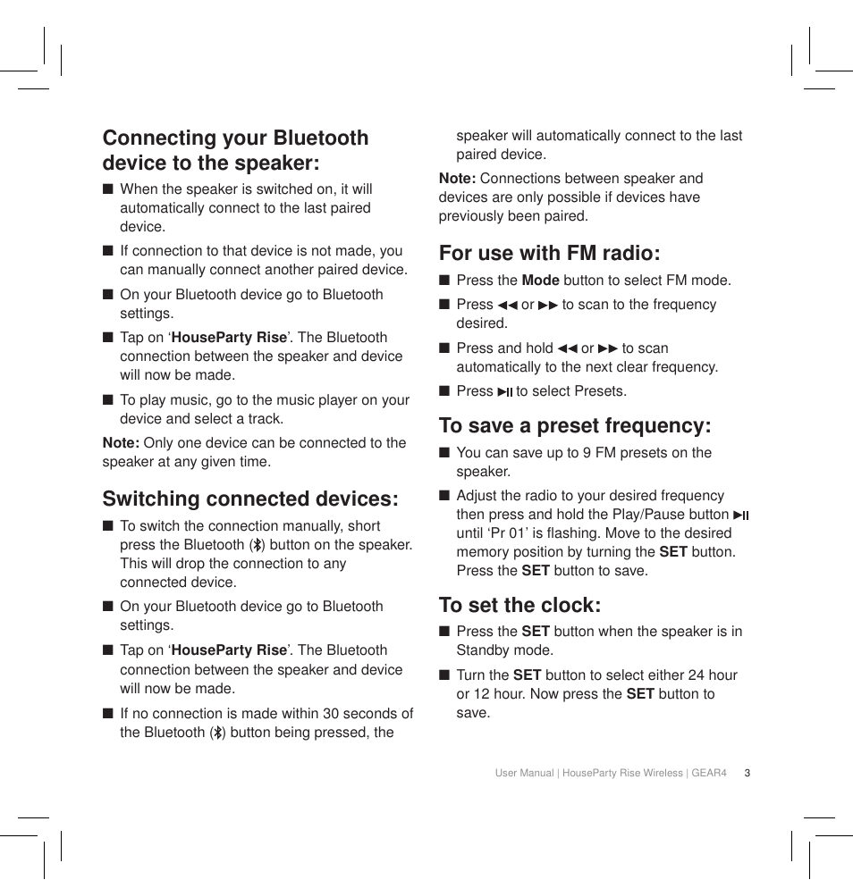 Connecting your bluetooth device to the speaker, Switching connected devices, For use with fm radio | GEAR4 HouseParty Rise Wireless User Manual | Page 5 / 71