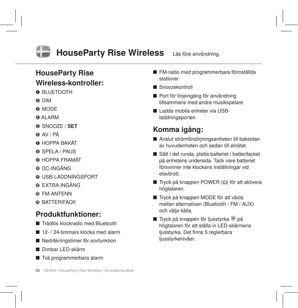 Houseparty rise wireless, Houseparty rise wireless-kontroller, Produktfunktioner | Komma igång | GEAR4 HouseParty Rise Wireless User Manual | Page 52 / 71