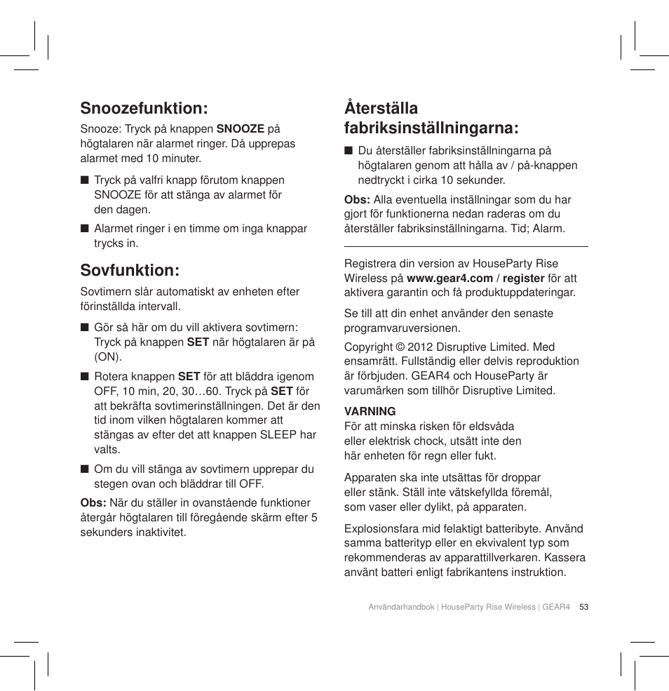 Snoozefunktion, Sovfunktion, Återställa fabriksinställningarna | GEAR4 HouseParty Rise Wireless User Manual | Page 55 / 71