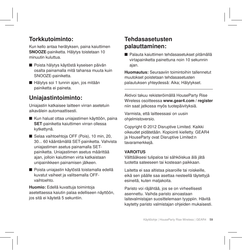 Torkkutoiminto, Uniajastintoiminto, Tehdasasetusten palauttaminen | GEAR4 HouseParty Rise Wireless User Manual | Page 61 / 71