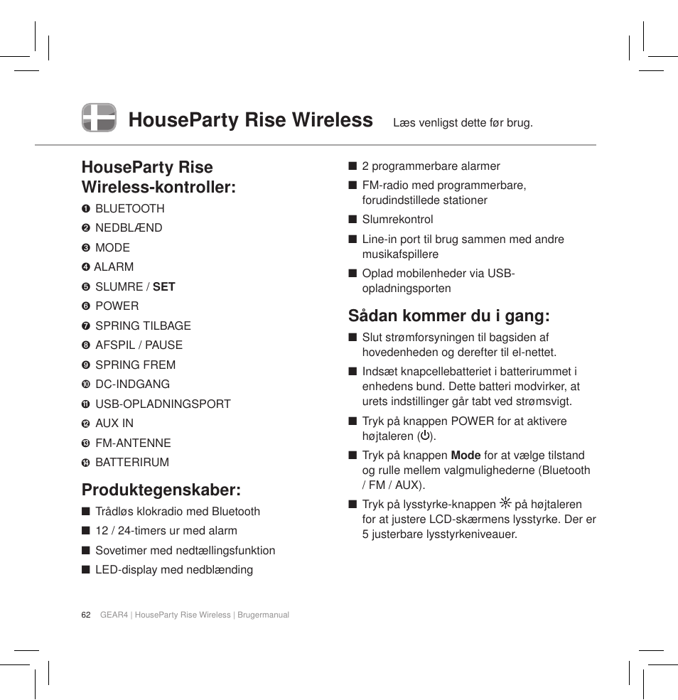 Houseparty rise wireless, Houseparty rise wireless-kontroller, Produktegenskaber | Sådan kommer du i gang | GEAR4 HouseParty Rise Wireless User Manual | Page 64 / 71