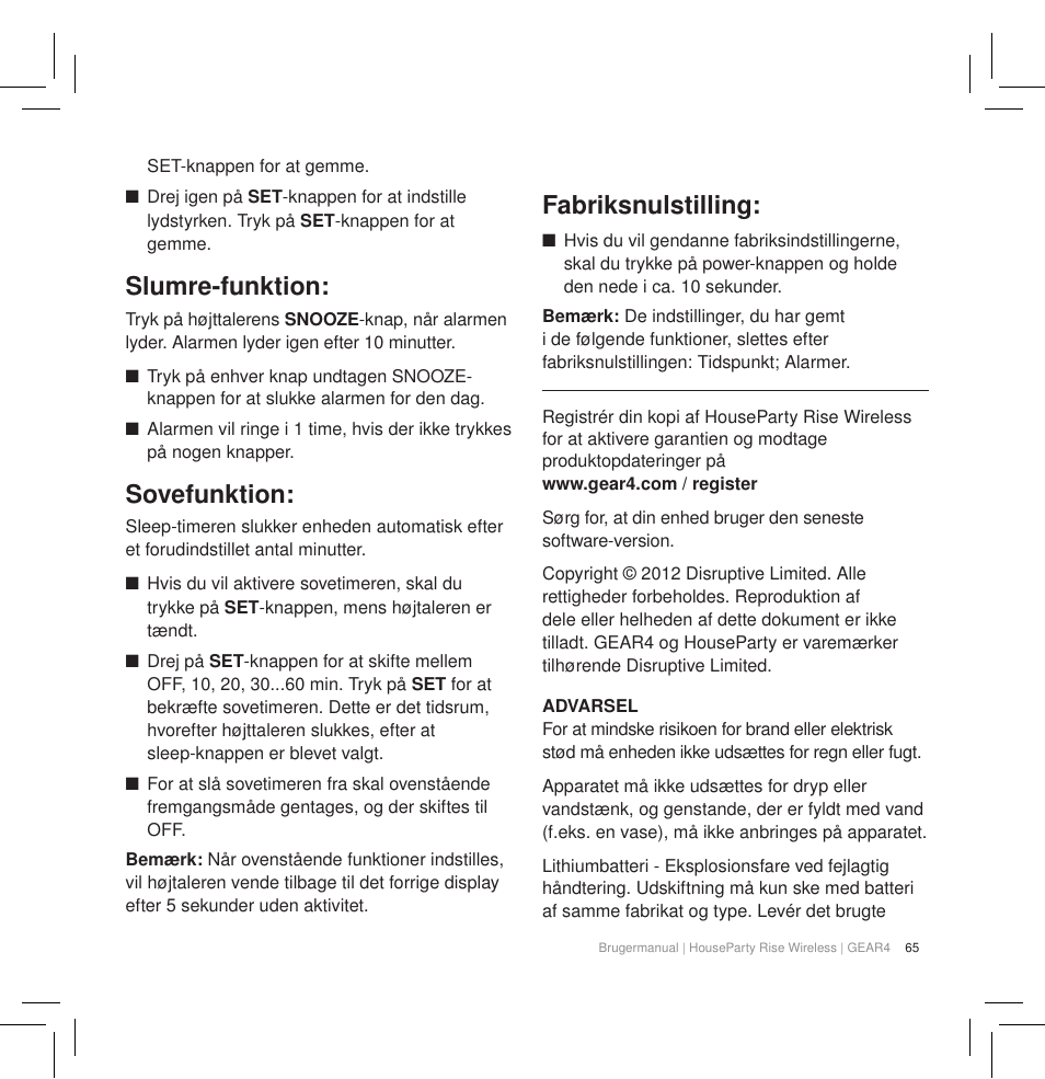 Slumre-funktion, Sovefunktion, Fabriksnulstilling | GEAR4 HouseParty Rise Wireless User Manual | Page 67 / 71