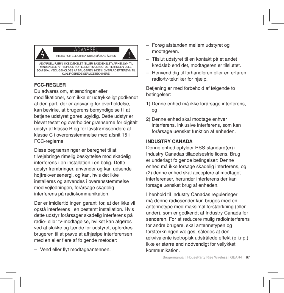 Advarsel | GEAR4 HouseParty Rise Wireless User Manual | Page 69 / 71