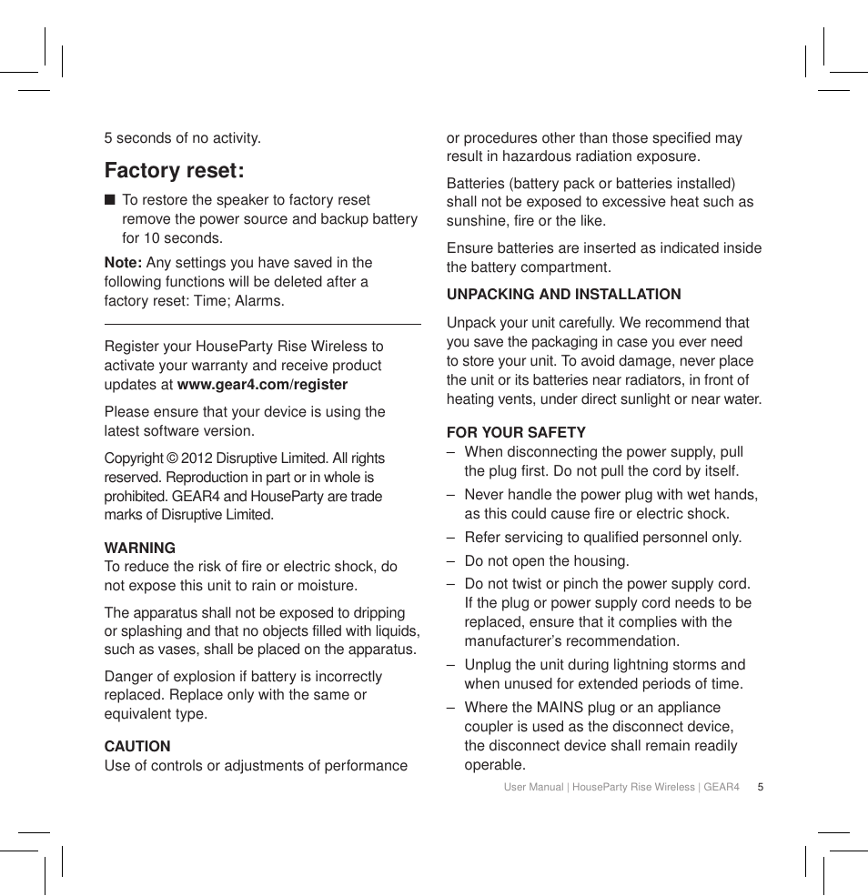 Factory reset | GEAR4 HouseParty Rise Wireless User Manual | Page 7 / 71