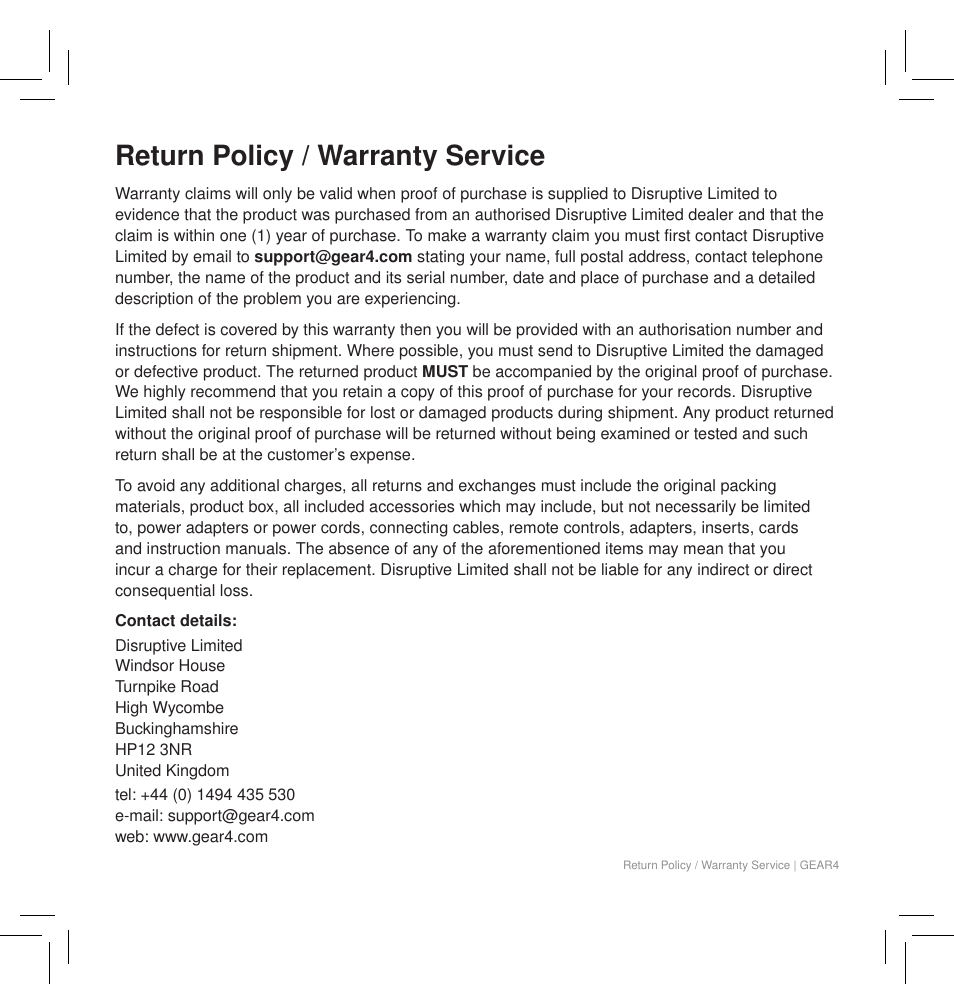 Return policy / warranty service | GEAR4 HouseParty Rise Wireless User Manual | Page 71 / 71