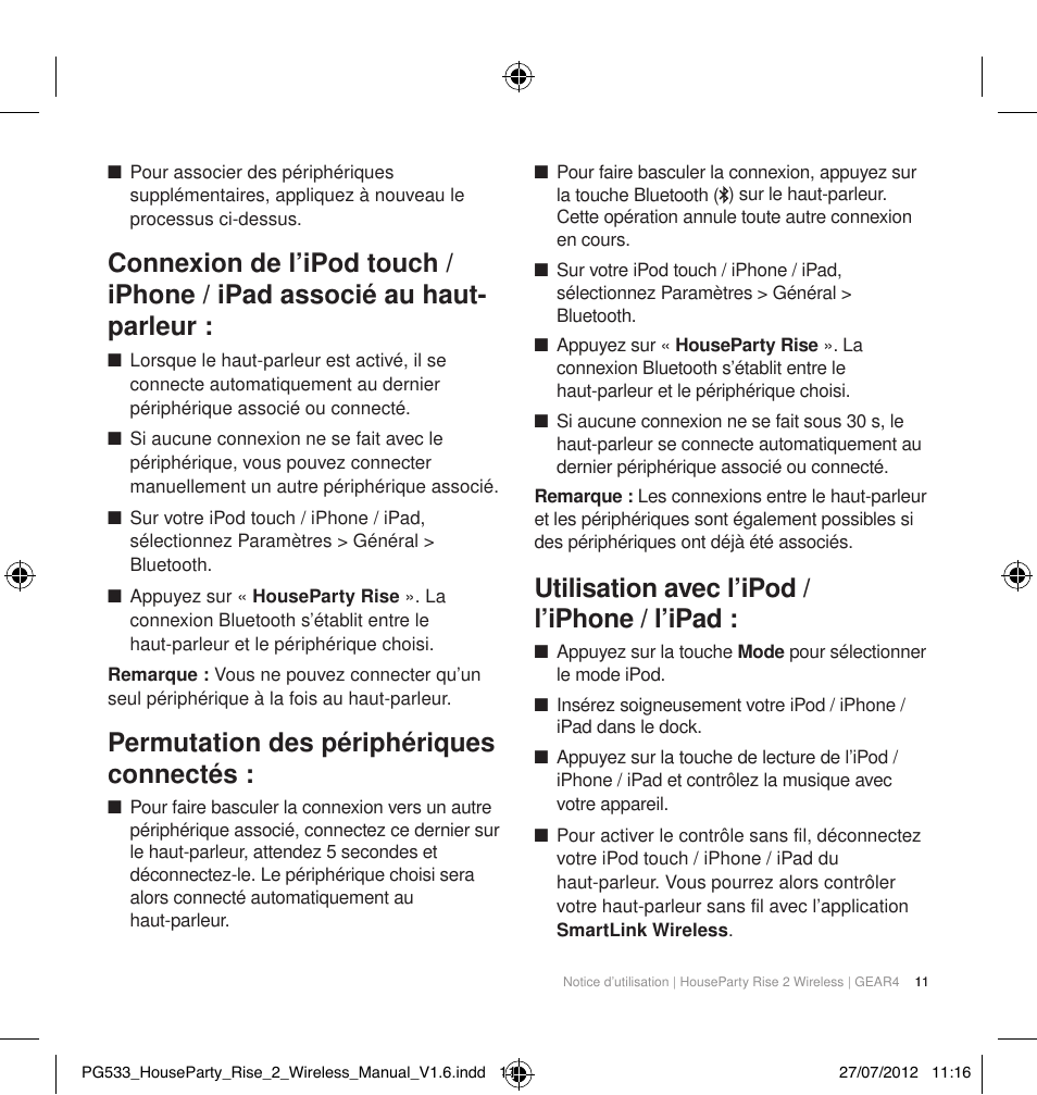 Permutation des périphériques connectés, Utilisation avec l’ipod / l’iphone / l’ipad | GEAR4 HouseParty Rise 2 Wireless User Manual | Page 12 / 81