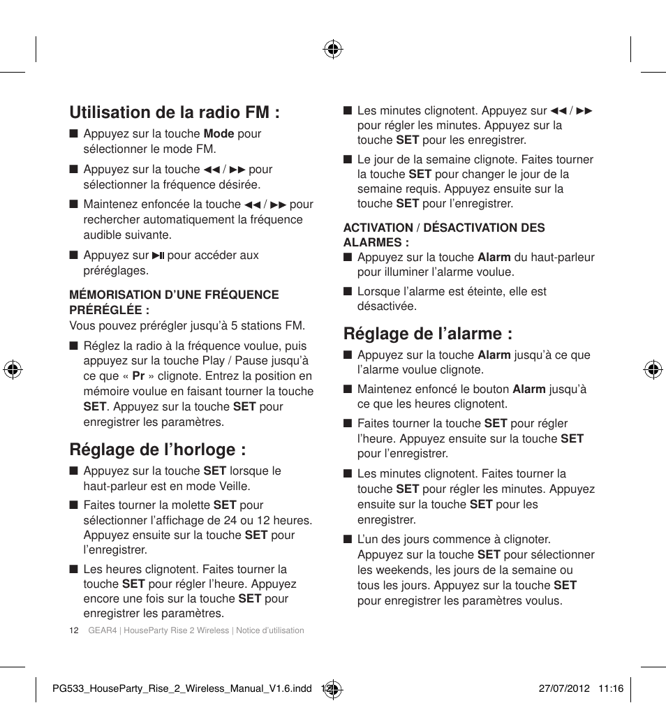 Utilisation de la radio fm, Réglage de l’horloge, Réglage de l’alarme | GEAR4 HouseParty Rise 2 Wireless User Manual | Page 13 / 81