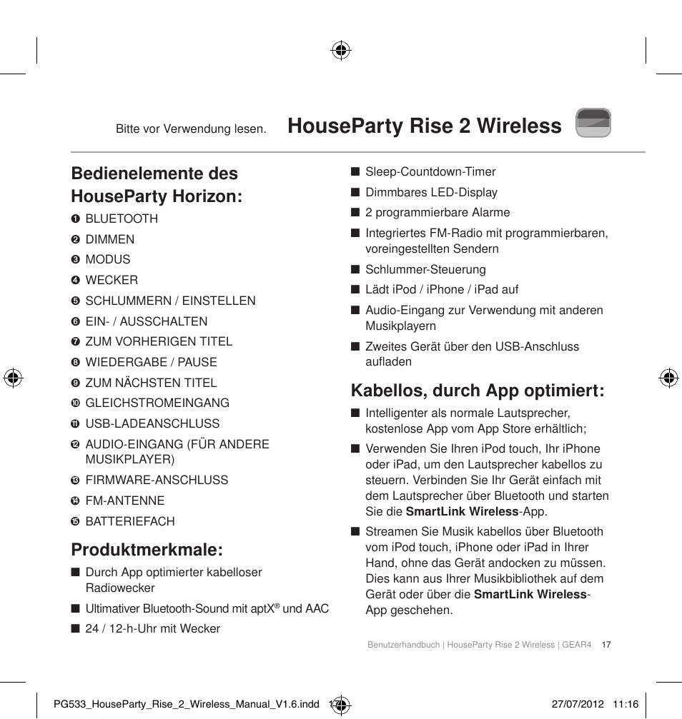 Houseparty rise 2 wireless, Bedienelemente des houseparty horizon, Produktmerkmale | Kabellos, durch app optimiert | GEAR4 HouseParty Rise 2 Wireless User Manual | Page 18 / 81