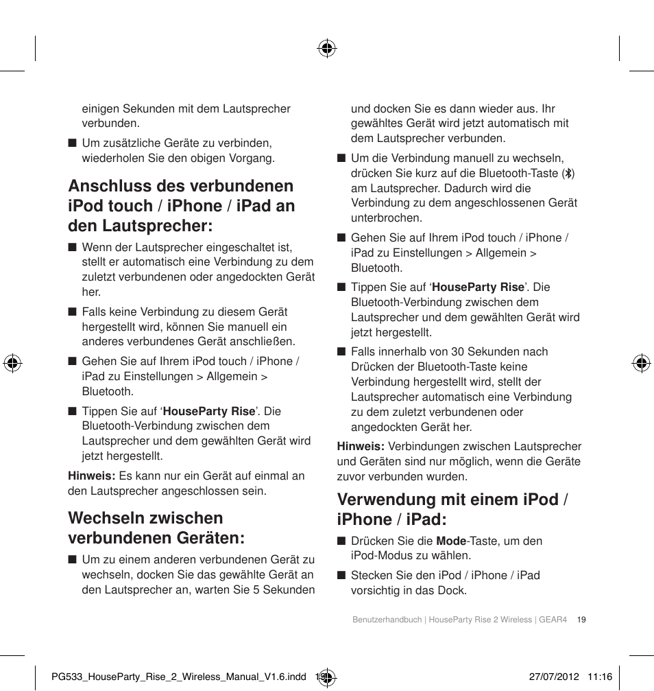 Wechseln zwischen verbundenen geräten, Verwendung mit einem ipod / iphone / ipad | GEAR4 HouseParty Rise 2 Wireless User Manual | Page 20 / 81