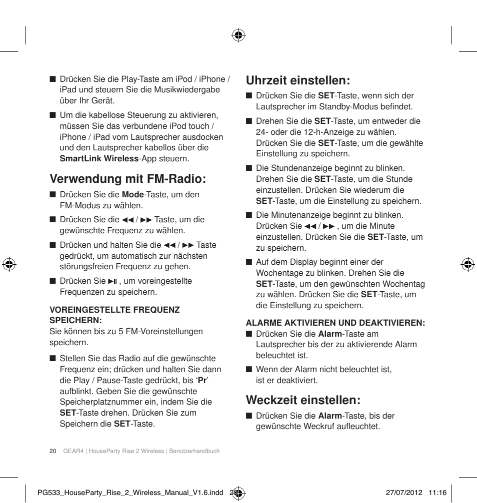 Verwendung mit fm-radio, Uhrzeit einstellen, Weckzeit einstellen | GEAR4 HouseParty Rise 2 Wireless User Manual | Page 21 / 81
