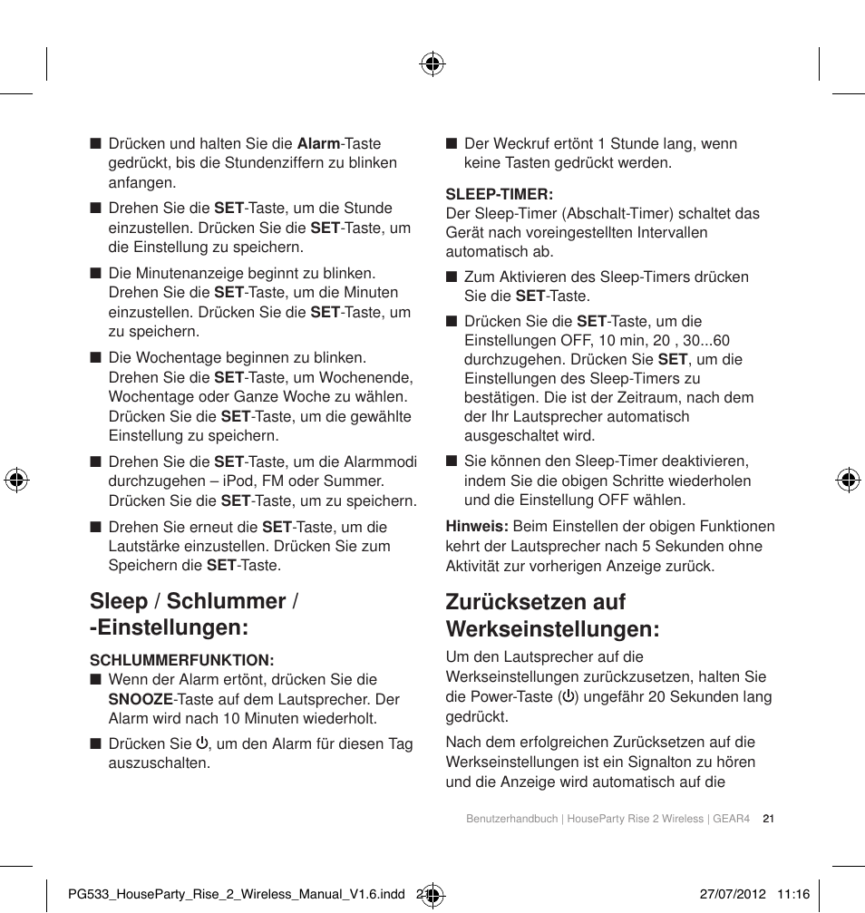 Sleep / schlummer / -einstellungen, Zurücksetzen auf werkseinstellungen | GEAR4 HouseParty Rise 2 Wireless User Manual | Page 22 / 81