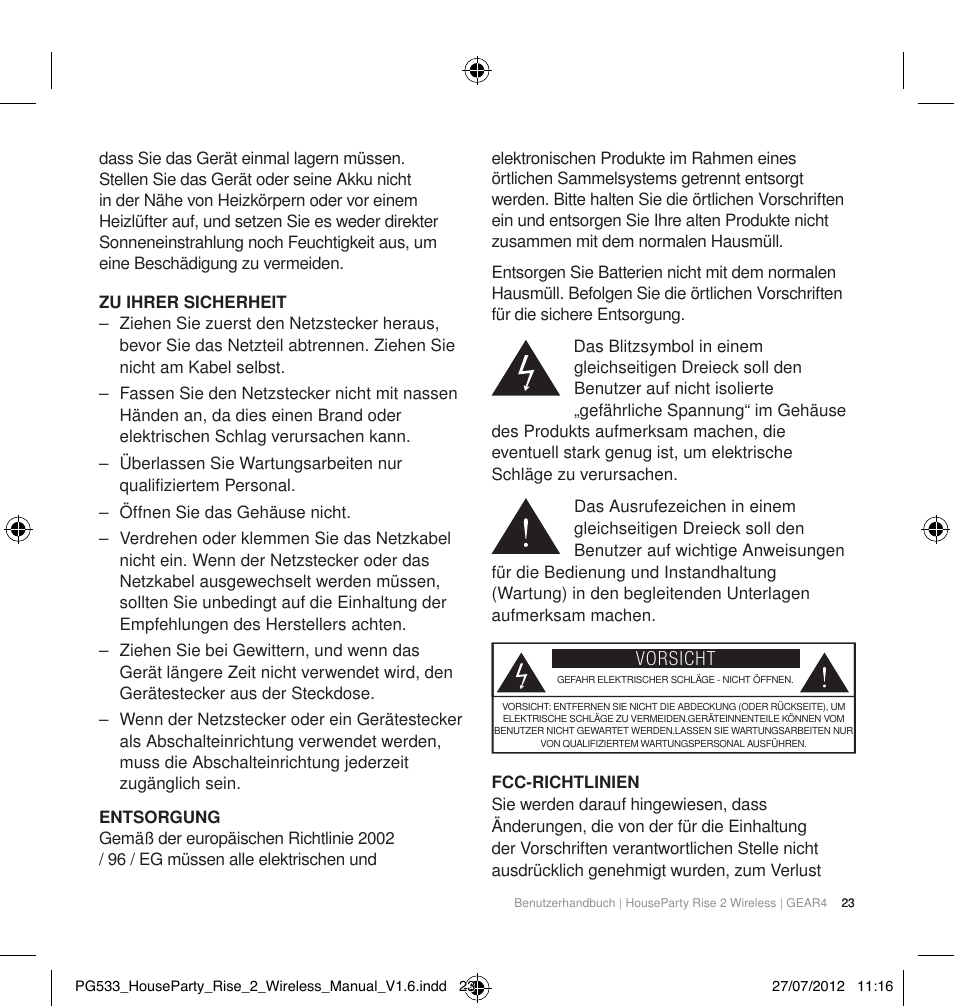 Vorsicht | GEAR4 HouseParty Rise 2 Wireless User Manual | Page 24 / 81