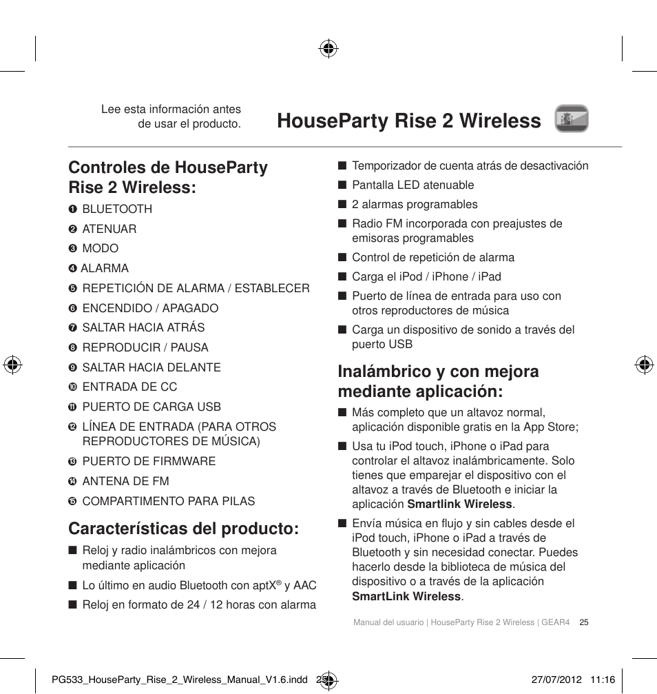 Houseparty rise 2 wireless, Controles de houseparty rise 2 wireless, Características del producto | Inalámbrico y con mejora mediante aplicación | GEAR4 HouseParty Rise 2 Wireless User Manual | Page 26 / 81
