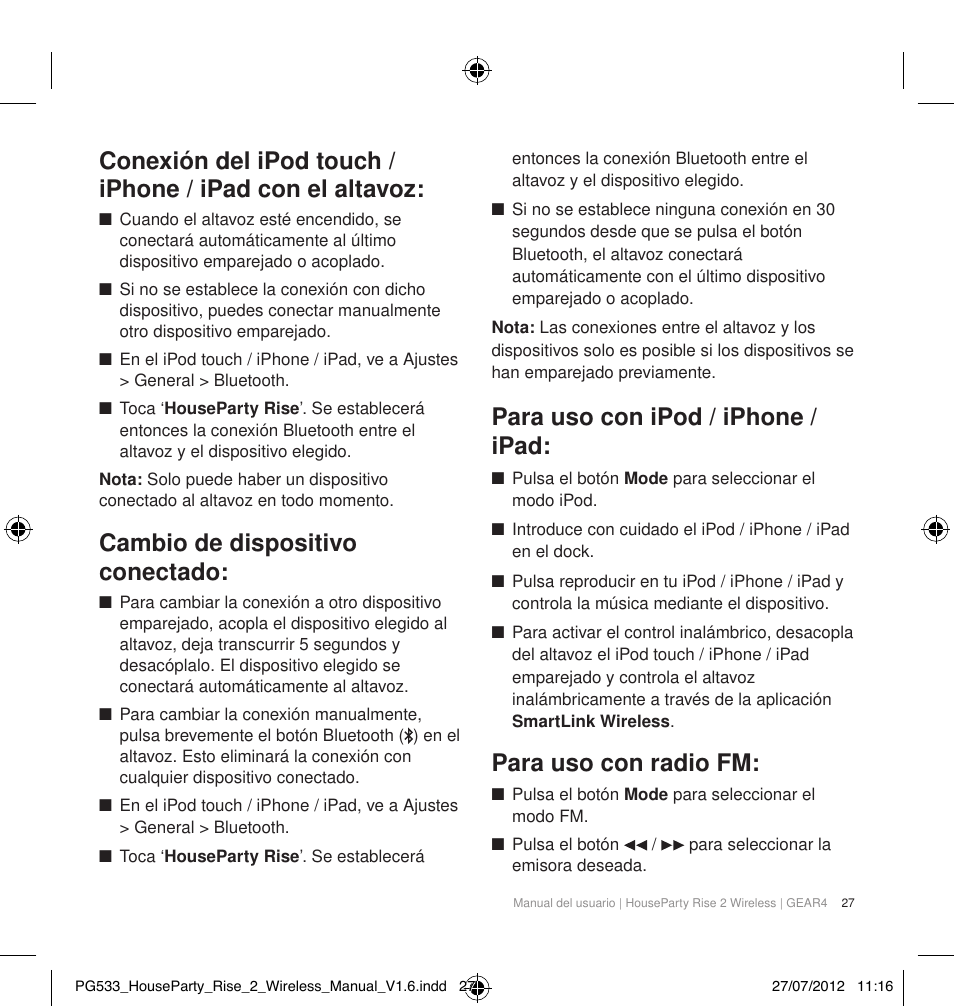 Cambio de dispositivo conectado, Para uso con ipod / iphone / ipad, Para uso con radio fm | GEAR4 HouseParty Rise 2 Wireless User Manual | Page 28 / 81