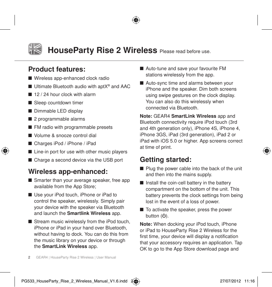 Houseparty rise 2 wireless, Product features, Wireless app-enhanced | Getting started | GEAR4 HouseParty Rise 2 Wireless User Manual | Page 3 / 81