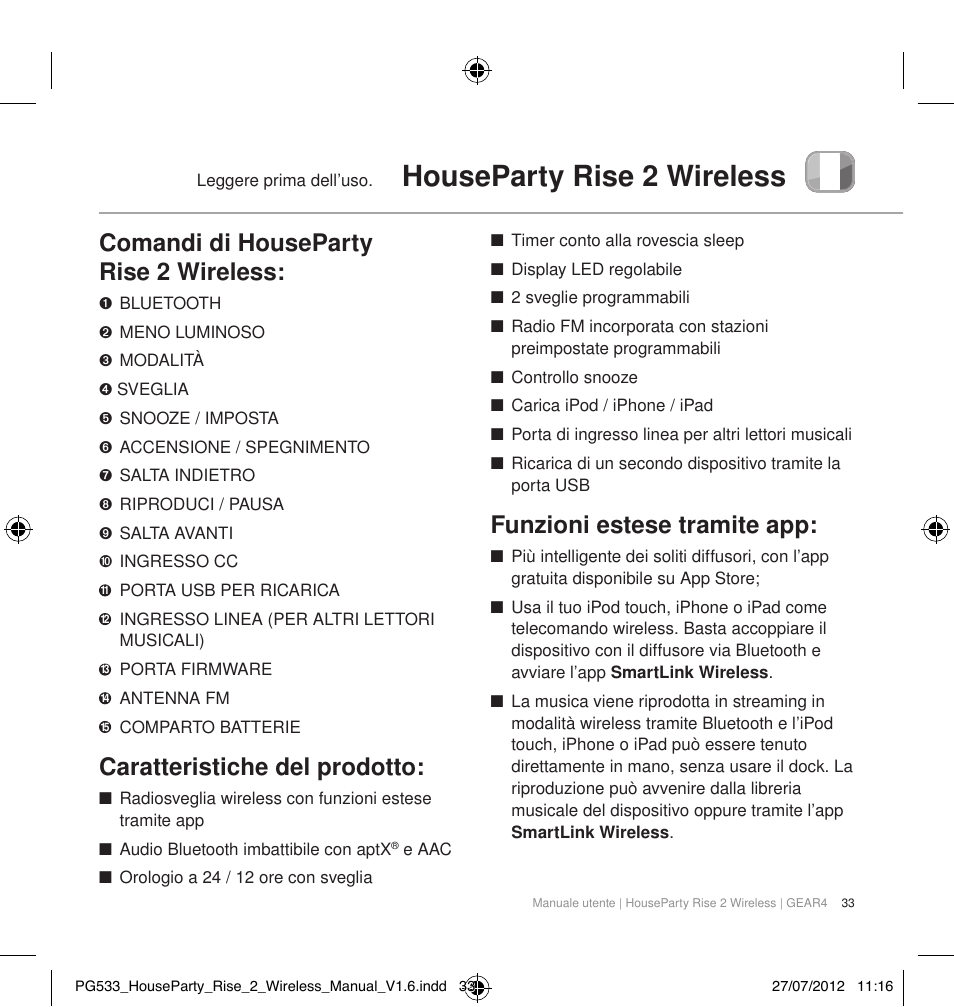 Houseparty rise 2 wireless, Comandi di houseparty rise 2 wireless, Caratteristiche del prodotto | Funzioni estese tramite app | GEAR4 HouseParty Rise 2 Wireless User Manual | Page 34 / 81