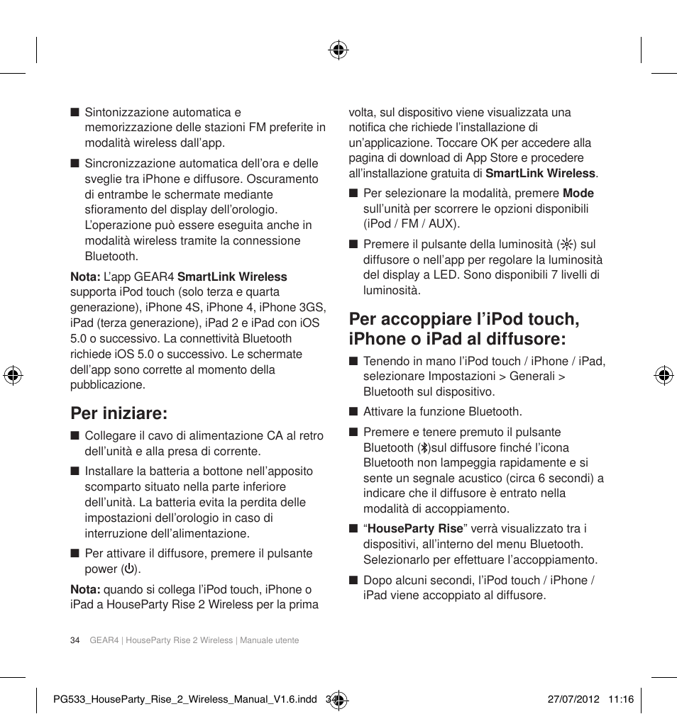 Per iniziare | GEAR4 HouseParty Rise 2 Wireless User Manual | Page 35 / 81