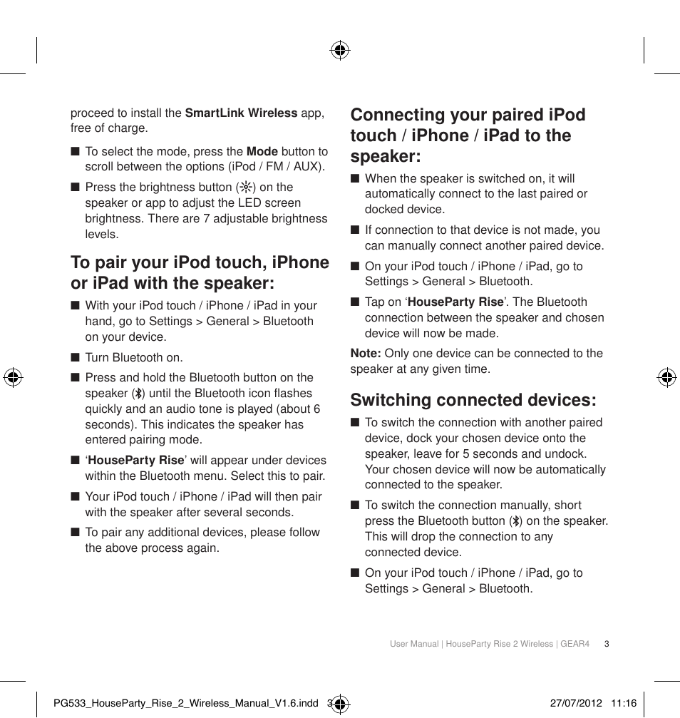 Switching connected devices | GEAR4 HouseParty Rise 2 Wireless User Manual | Page 4 / 81