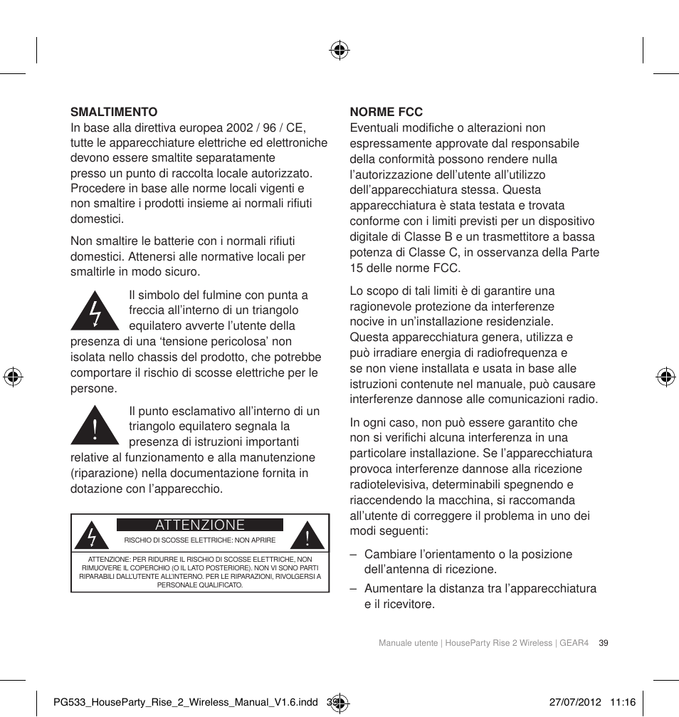 Attenzione | GEAR4 HouseParty Rise 2 Wireless User Manual | Page 40 / 81