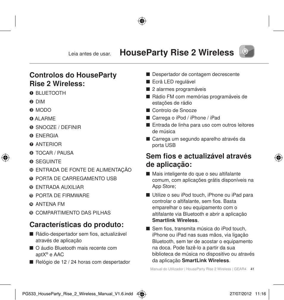 Houseparty rise 2 wireless, Controlos do houseparty rise 2 wireless, Características do produto | Sem fios e actualizável através de aplicação | GEAR4 HouseParty Rise 2 Wireless User Manual | Page 42 / 81
