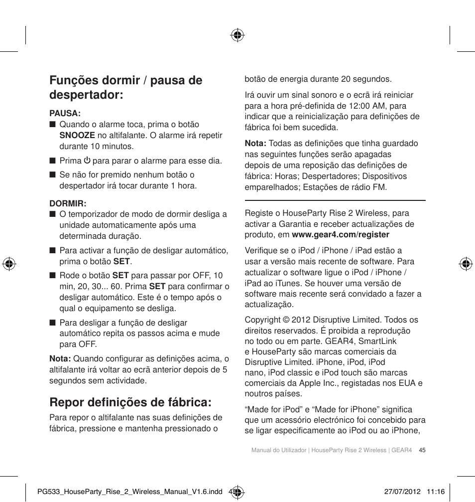 Funções dormir / pausa de despertador, Repor definições de fábrica | GEAR4 HouseParty Rise 2 Wireless User Manual | Page 46 / 81