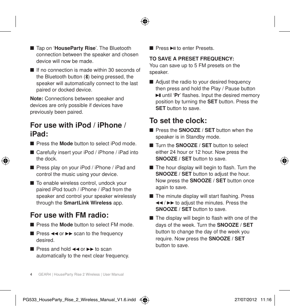 For use with ipod / iphone / ipad, For use with fm radio | GEAR4 HouseParty Rise 2 Wireless User Manual | Page 5 / 81