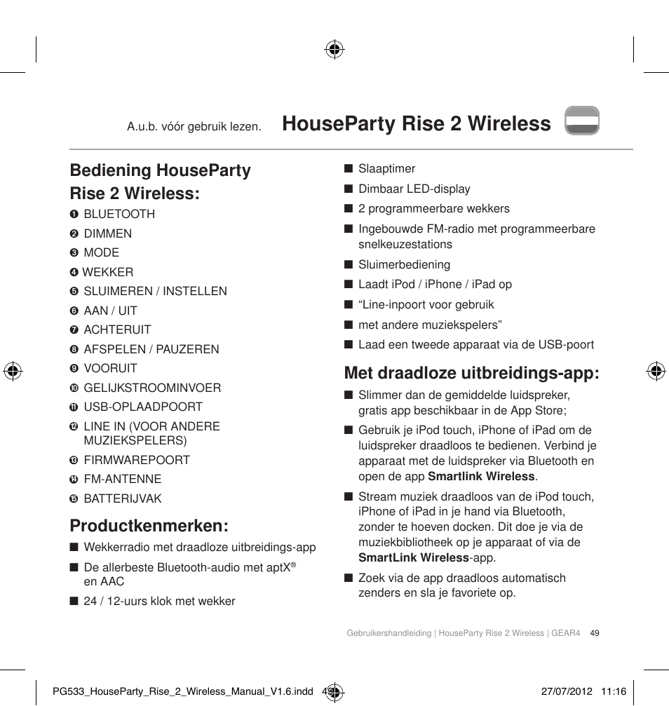 Houseparty rise 2 wireless, Bediening houseparty rise 2 wireless, Productkenmerken | Met draadloze uitbreidings-app | GEAR4 HouseParty Rise 2 Wireless User Manual | Page 50 / 81