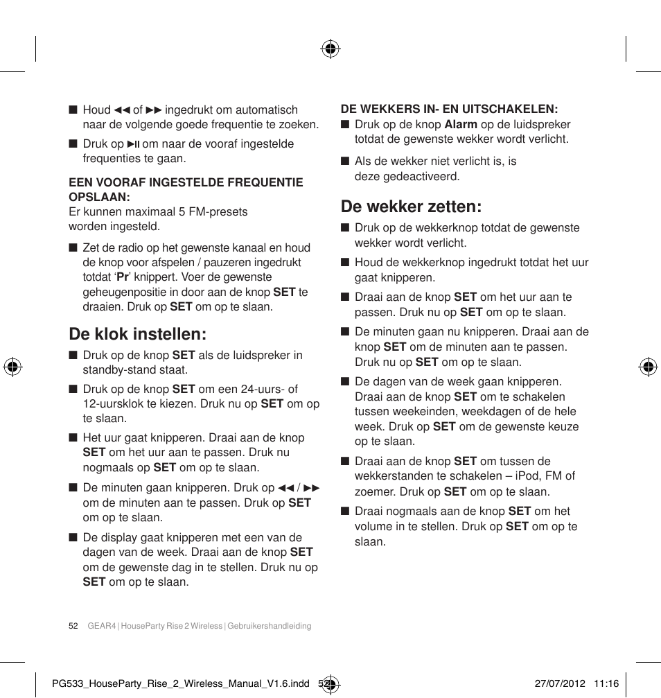 De klok instellen, De wekker zetten | GEAR4 HouseParty Rise 2 Wireless User Manual | Page 53 / 81