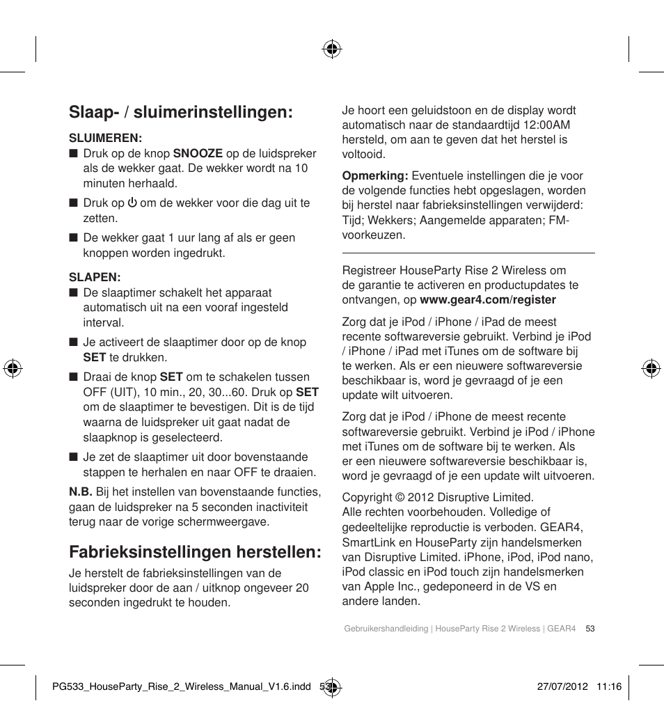 Slaap- / sluimerinstellingen, Fabrieksinstellingen herstellen | GEAR4 HouseParty Rise 2 Wireless User Manual | Page 54 / 81