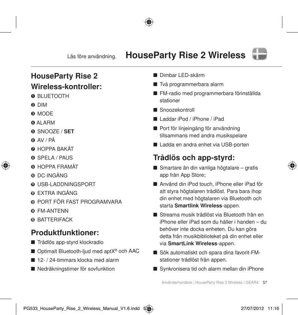 Houseparty rise 2 wireless, Houseparty rise 2 wireless-kontroller, Produktfunktioner | Trådlös och app-styrd | GEAR4 HouseParty Rise 2 Wireless User Manual | Page 58 / 81