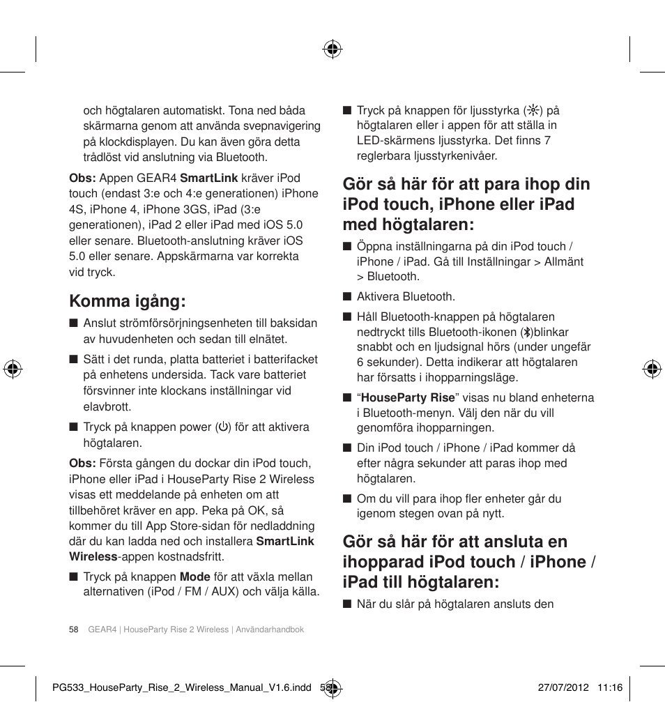 Komma igång | GEAR4 HouseParty Rise 2 Wireless User Manual | Page 59 / 81