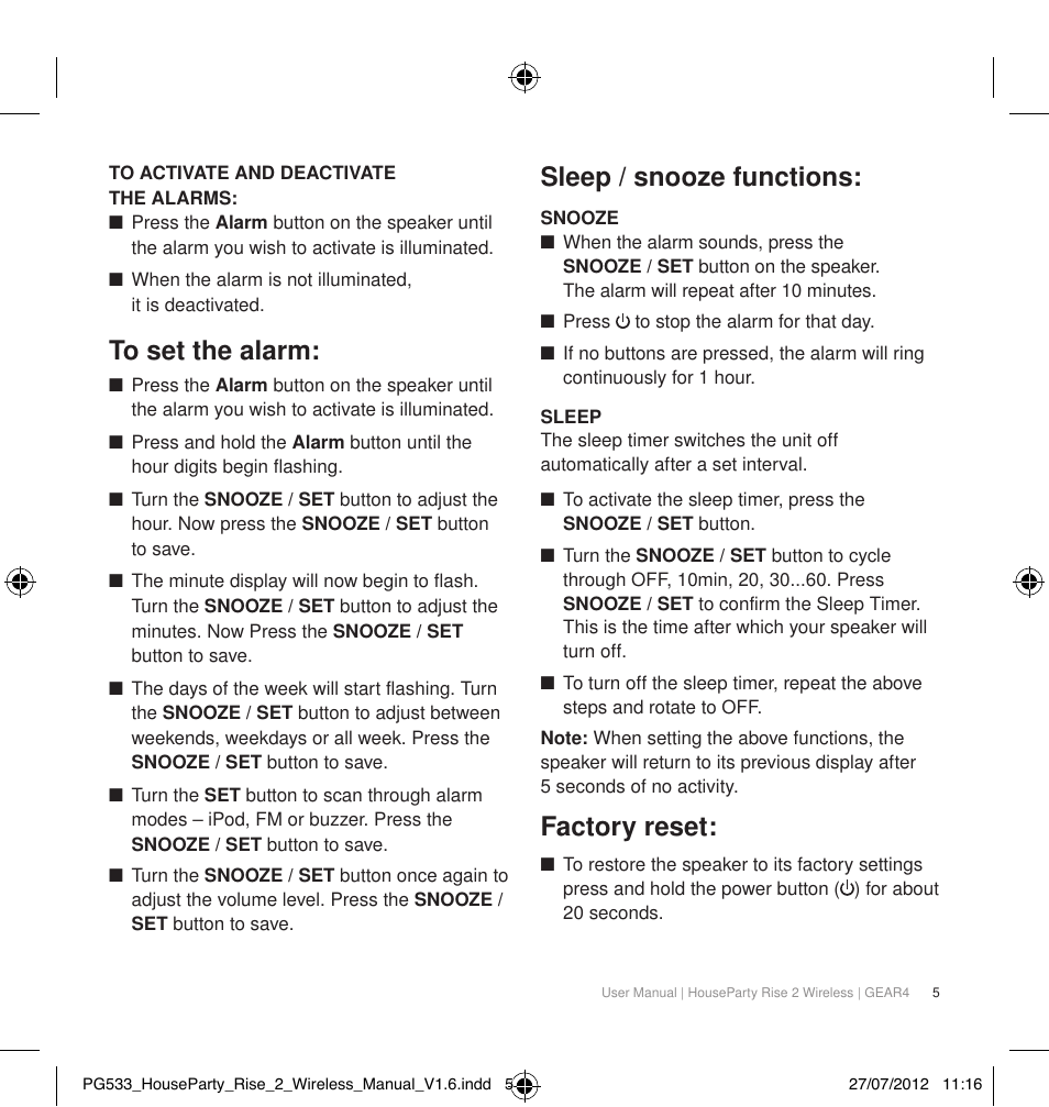 Sleep / snooze functions, Factory reset | GEAR4 HouseParty Rise 2 Wireless User Manual | Page 6 / 81
