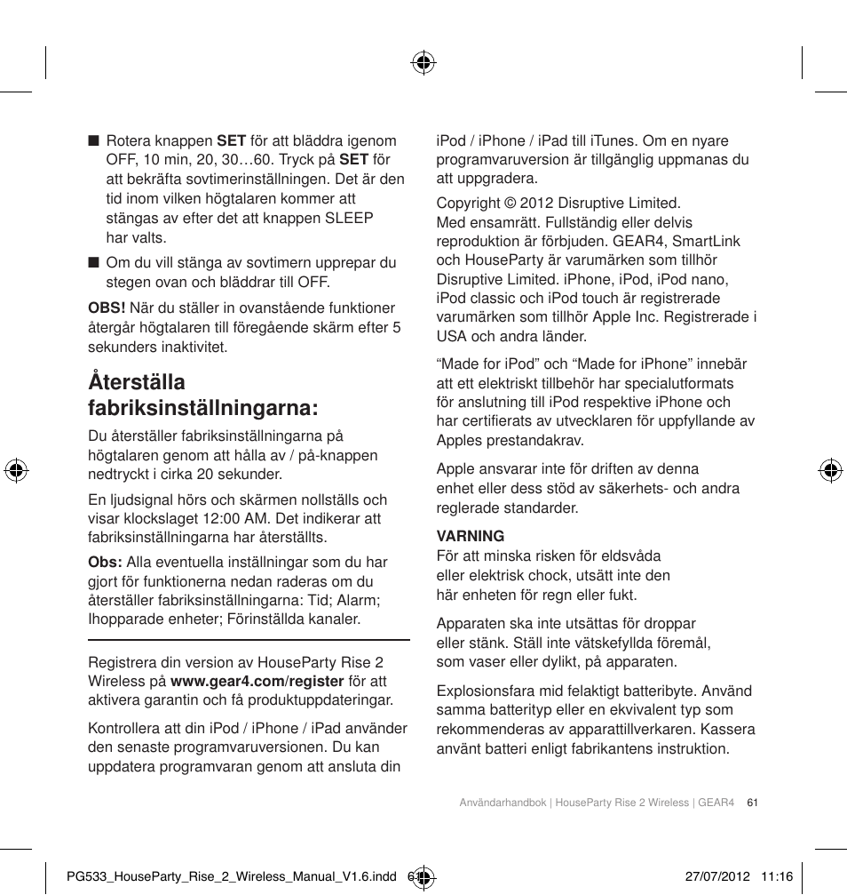 Återställa fabriksinställningarna | GEAR4 HouseParty Rise 2 Wireless User Manual | Page 62 / 81