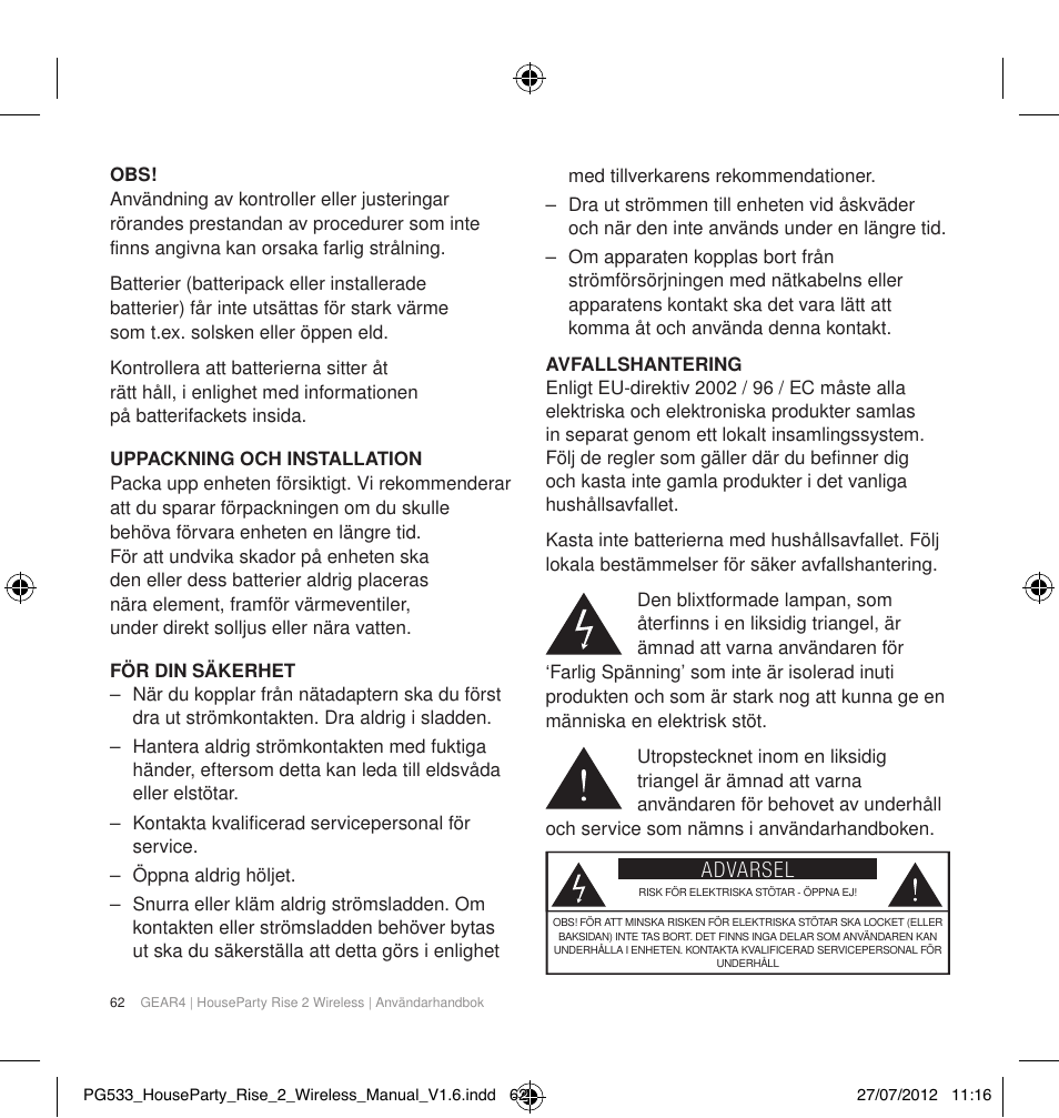Advarsel | GEAR4 HouseParty Rise 2 Wireless User Manual | Page 63 / 81