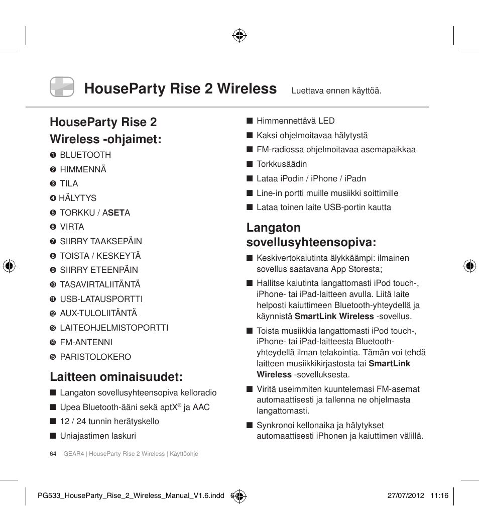Houseparty rise 2 wireless, Houseparty rise 2 wireless -ohjaimet, Laitteen ominaisuudet | Langaton sovellusyhteensopiva | GEAR4 HouseParty Rise 2 Wireless User Manual | Page 65 / 81