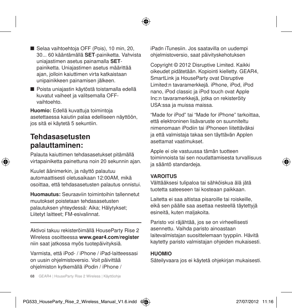 Tehdasasetusten palauttaminen | GEAR4 HouseParty Rise 2 Wireless User Manual | Page 69 / 81