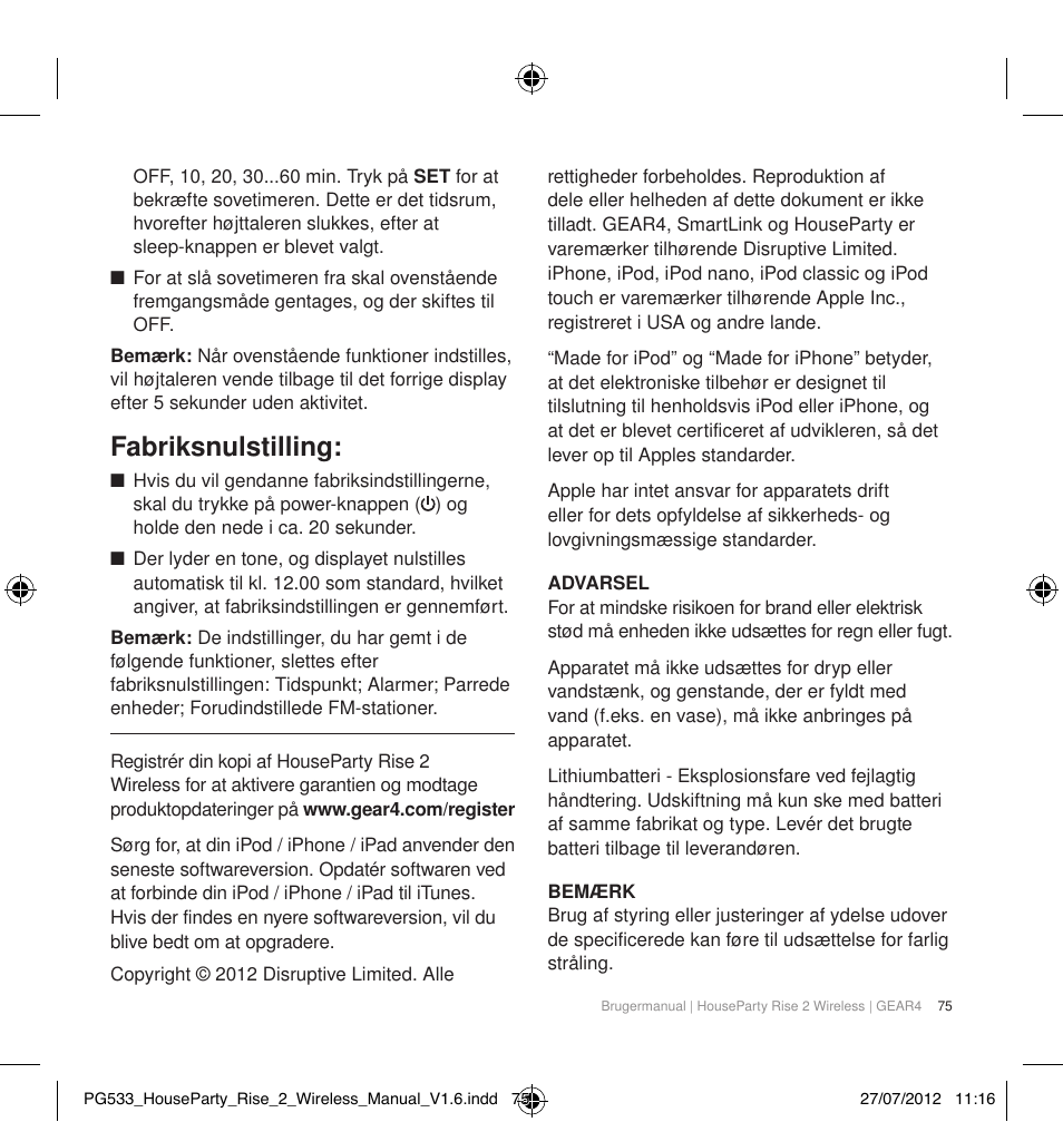 Fabriksnulstilling | GEAR4 HouseParty Rise 2 Wireless User Manual | Page 76 / 81