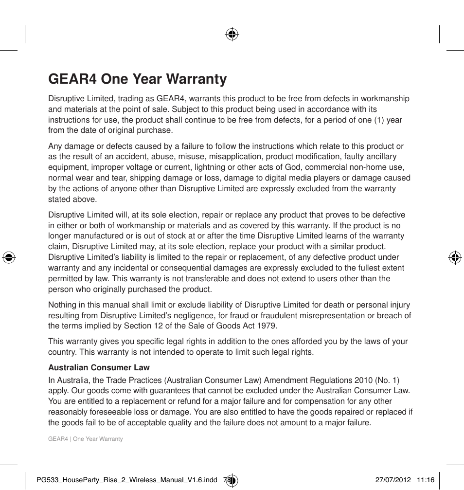 Gear4 one year warranty | GEAR4 HouseParty Rise 2 Wireless User Manual | Page 79 / 81