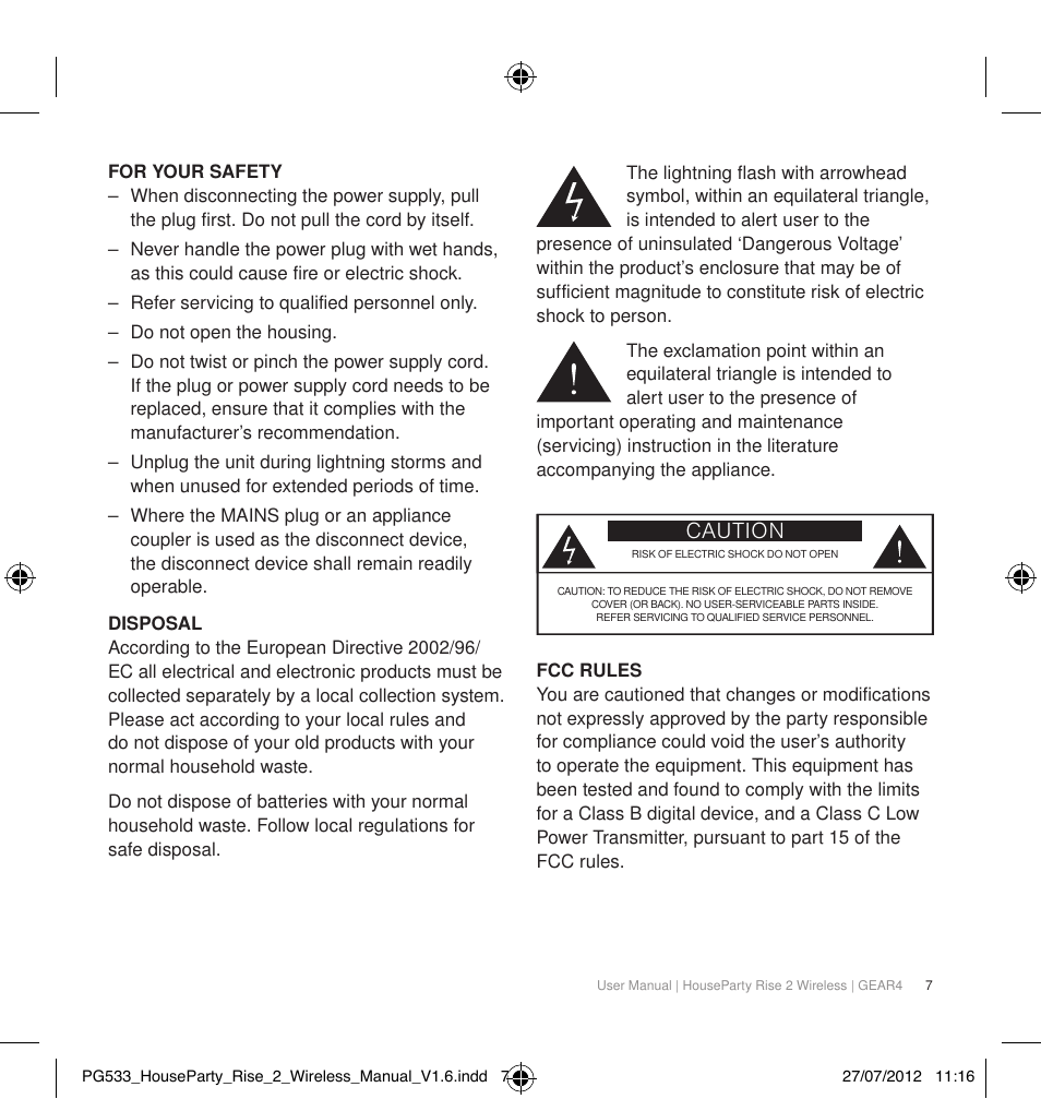 Caution | GEAR4 HouseParty Rise 2 Wireless User Manual | Page 8 / 81