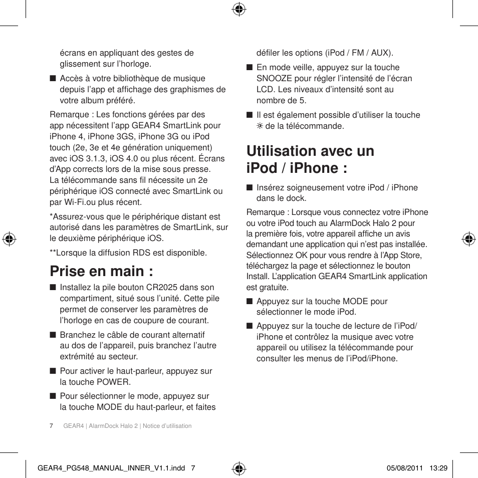 Prise en main, Utilisation avec un ipod / iphone | GEAR4 AlarmDock Halo 2 User Manual | Page 10 / 62