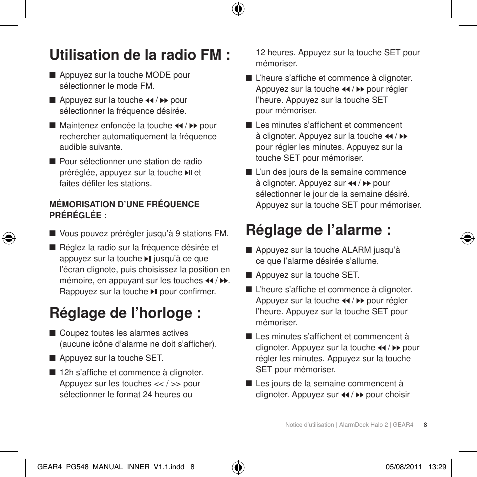 Utilisation de la radio fm, Réglage de l’horloge, Réglage de l’alarme | GEAR4 AlarmDock Halo 2 User Manual | Page 11 / 62
