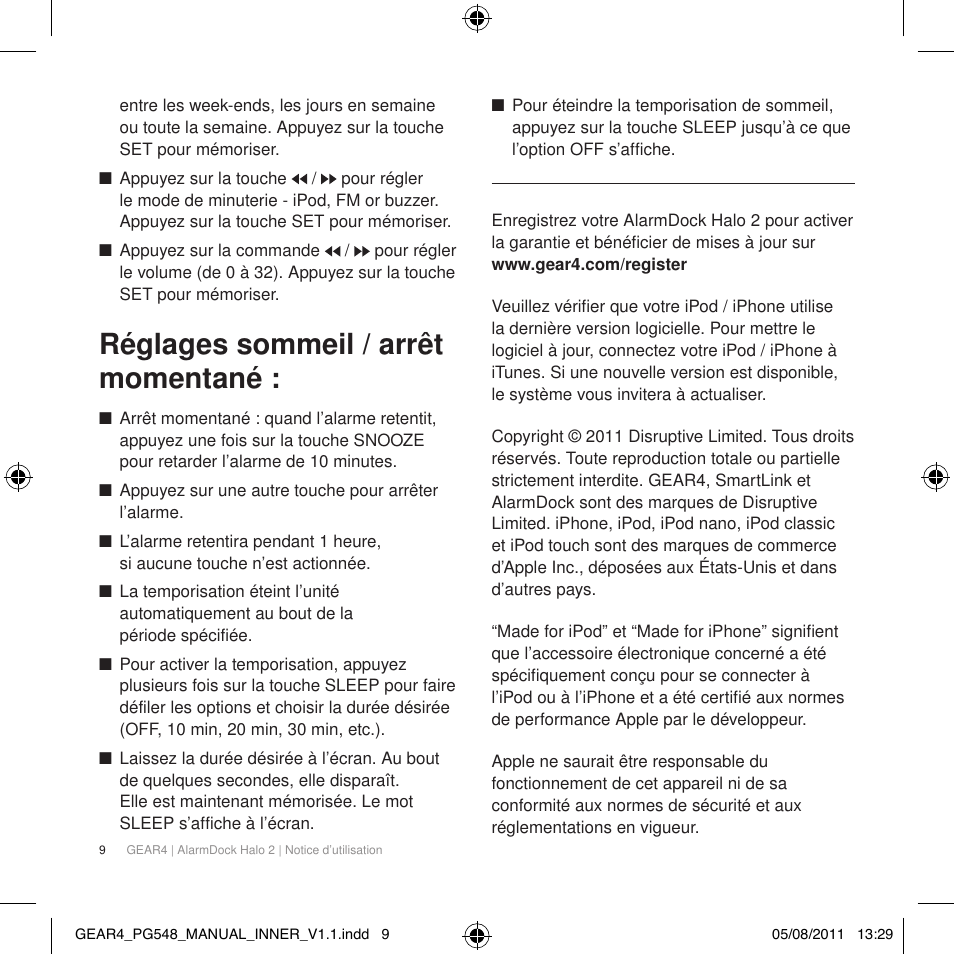 Réglages sommeil / arrêt momentané | GEAR4 AlarmDock Halo 2 User Manual | Page 12 / 62