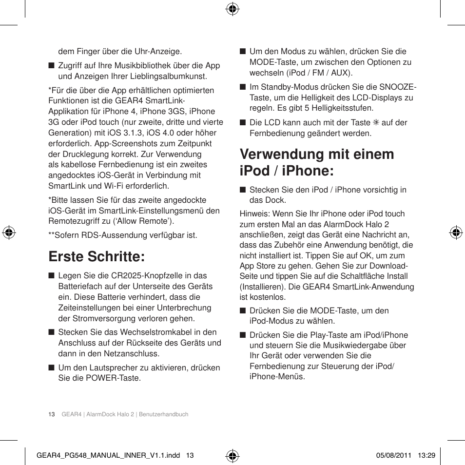 Erste schritte, Verwendung mit einem ipod / iphone | GEAR4 AlarmDock Halo 2 User Manual | Page 16 / 62